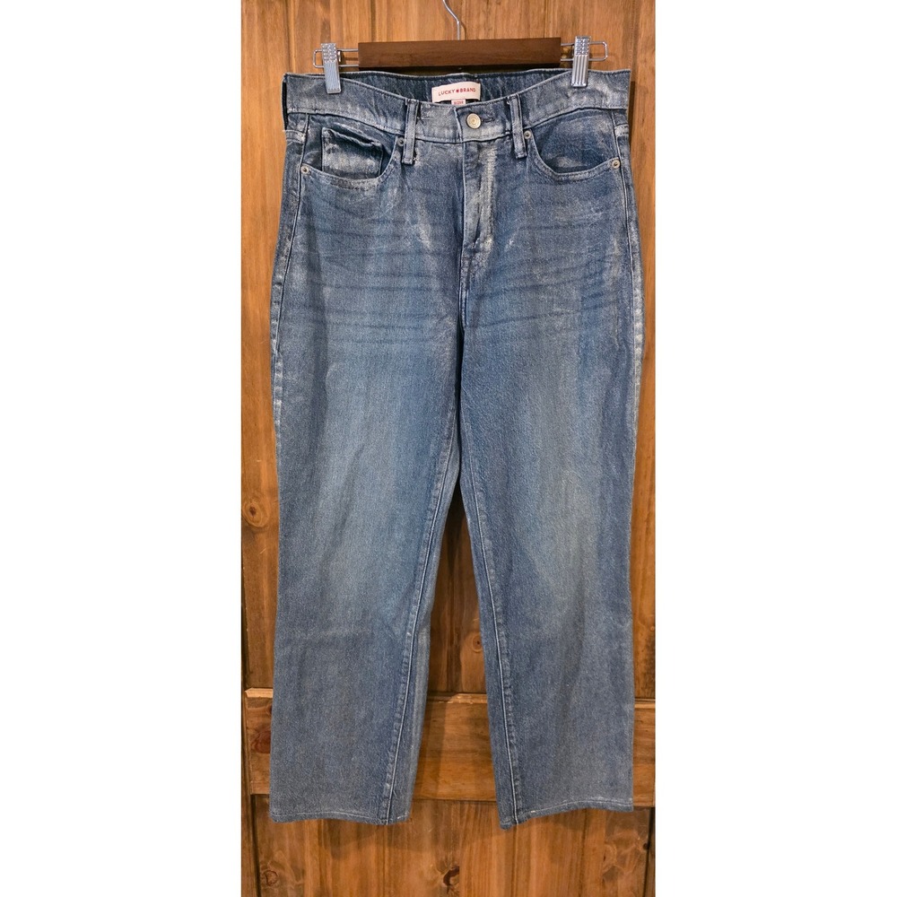 Lucky Brand Zoe Straight Jeans Womens 8/29R Blue Metallic Foil High Rise